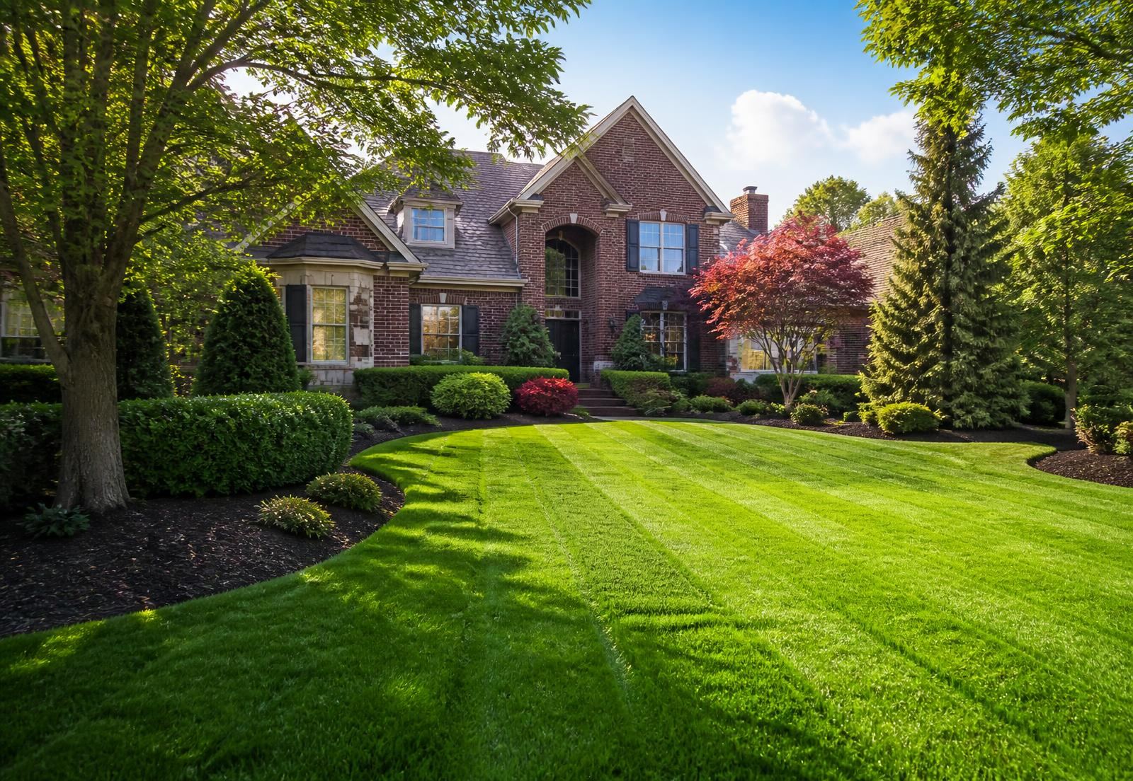 Freshly mowed striped lawn in front of a brick home