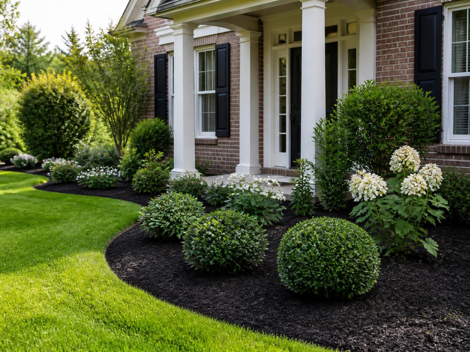 Fresh dark mulch and neatly shaped shrubs framing the entry of a Virginia Beach home