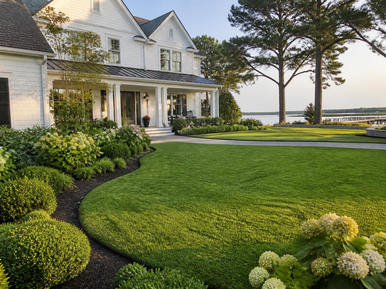 Wide view of a neatly edged lawn and clean planting bed lines at a Virginia Beach residence